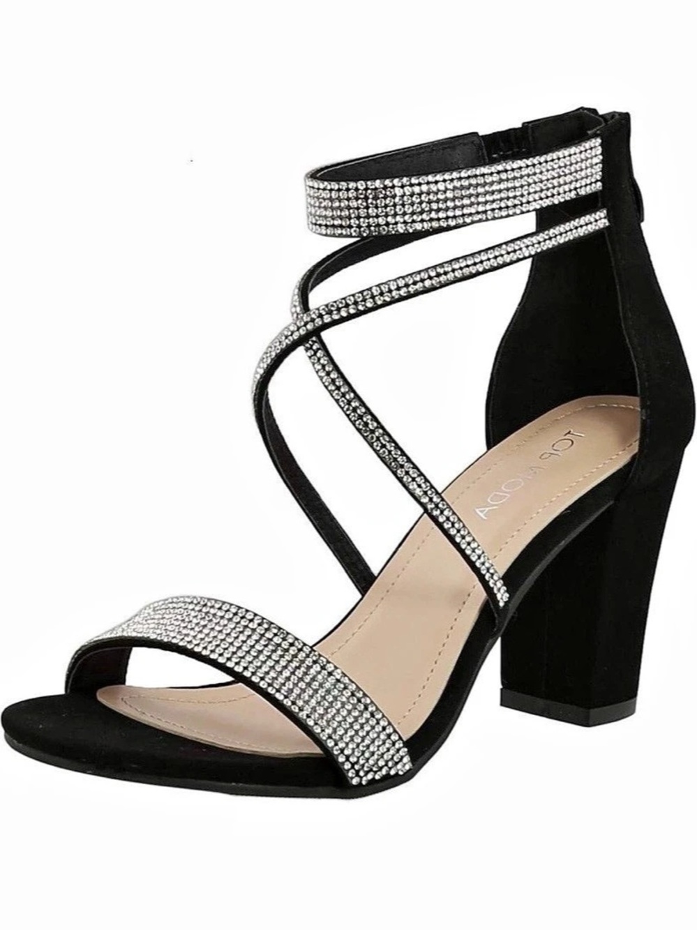 NWOB Top Moda Black Rhinestone Strappy Block Heel Sandals Size 7.5 - Picture 2 of 9